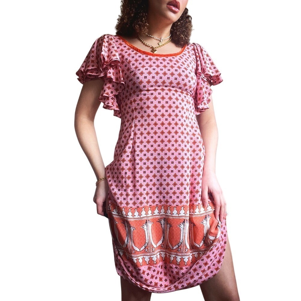 Vintage 2000s Boho Eclectic Maximalist Flutter Sleeve Draping Silk Dress